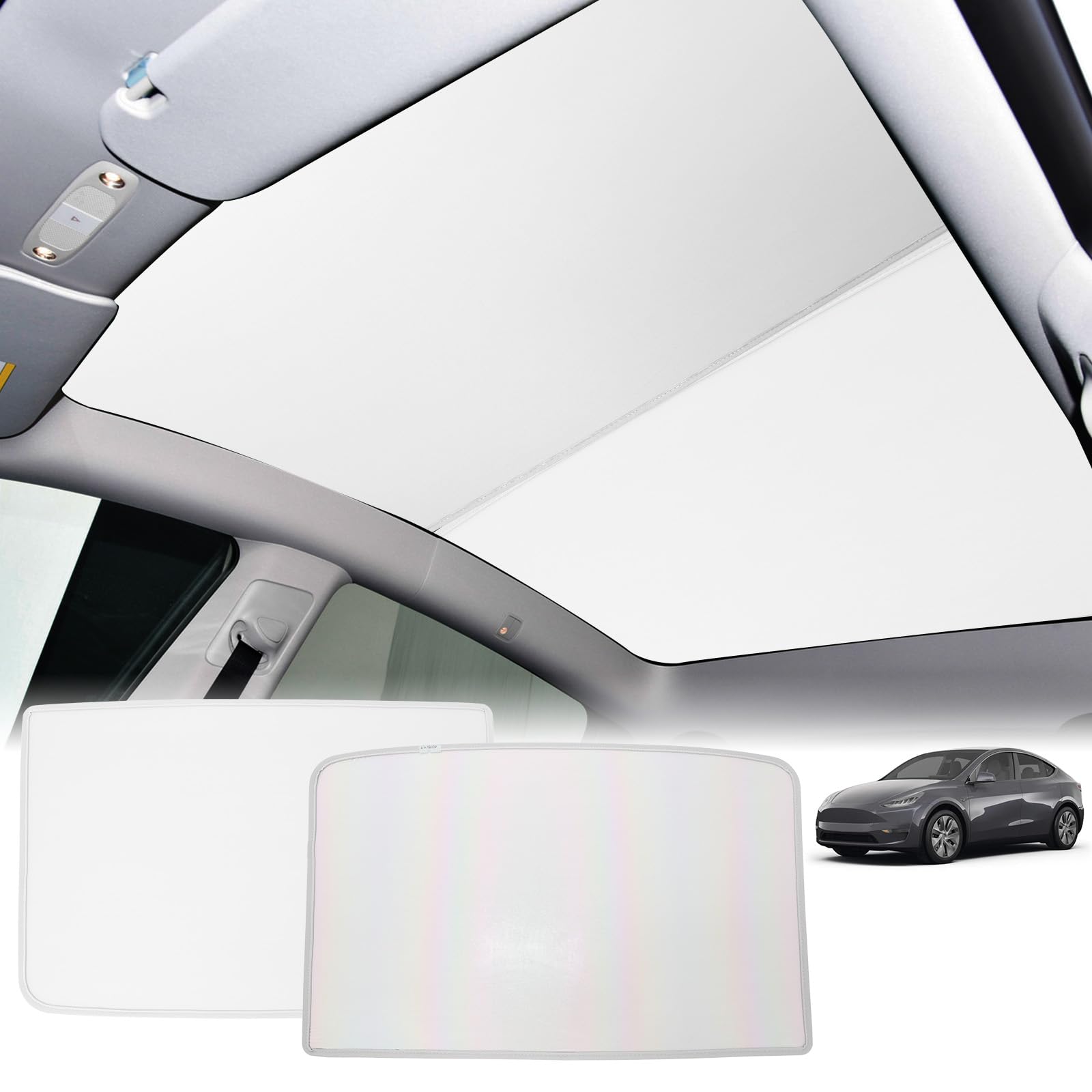 Photo 1 of [2025 Upgrade] Sunshade Roof for Tesla New Model Y Juniper 2025 Colorful Ice Crystal Glass Sunroof No-Sag Design Retractable Sunshade Heat Insulation Roof Window Sun Protection Snap Foldable(White)