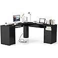 Tangkula 66” x 66” L-Shaped Office Desk with Power Outlets, Modern Home Office Computer Desk with 2 Drawers, Cabinet, Adjustable Shelf & Keyboard Tray, Corner Executive Desk for Working, Writing