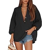 Yousify Womens V Neck Button Down Shirts 3/4 Length Sleeve Blouses Casual High Low Hem Tunics Loose Fit Tops