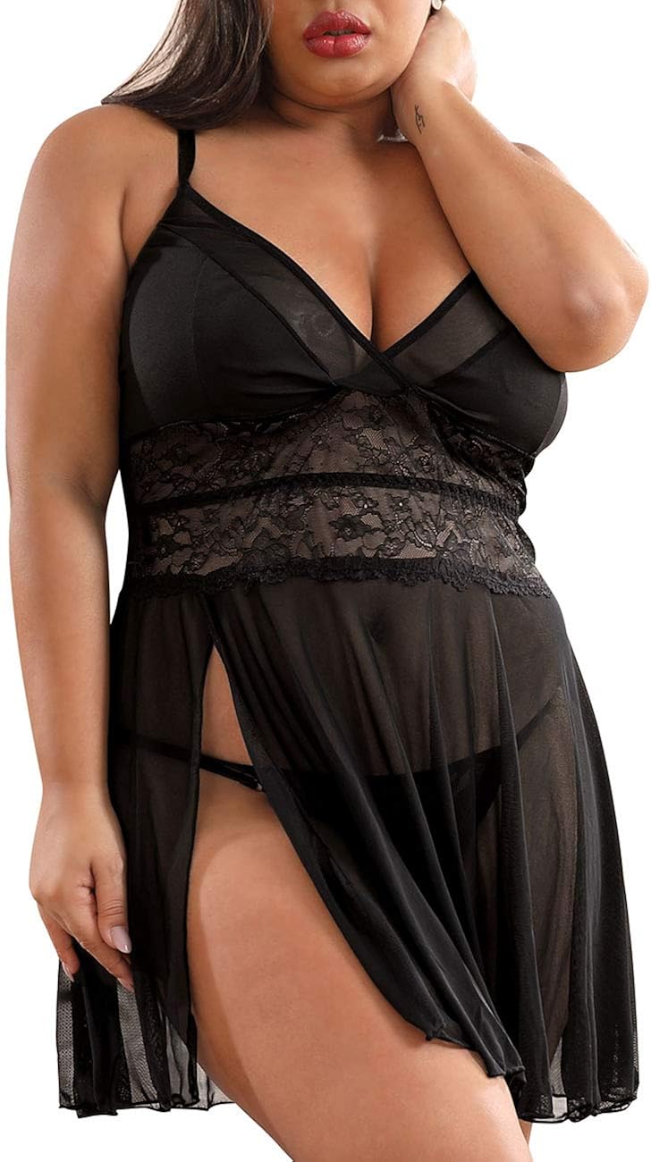 XAKALAKA Women's Plus Size Lingerie Babydoll Front Slit Lace Mesh Chemise Sleepwear at  Women’s Clothing store