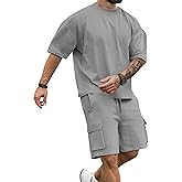 Babioboa Mens Short Sets 2 Piece Outfits Short Sleeve Crewneck Summer T Shirt and Drawstring Casual Track Shorts Set