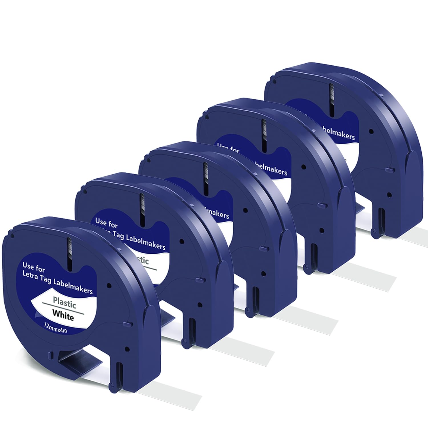 BEYONDTEK 5 Packs Replacement for DYMO LetraTag Refills Plastic White Label Tape 91201 S0721610 for DYMO LetraTag LT-100T LT-100H QX50 XR XM Label Makers, 12mm x 4m, Black on White