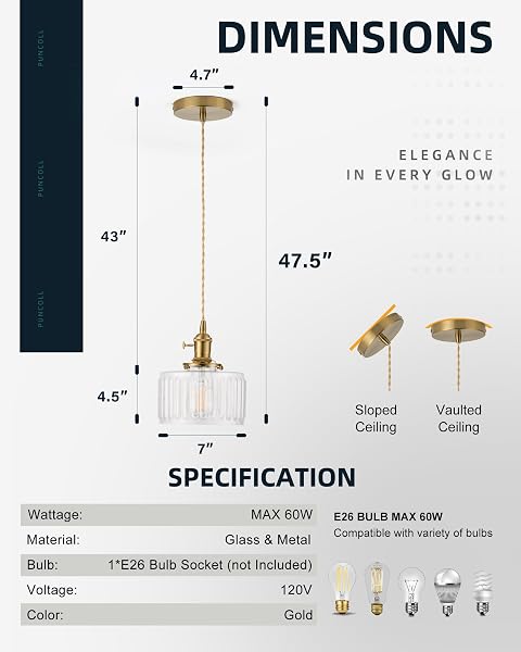 PUNCOLL VINTAGE PENDANT LIGHTING FOR KITCHEN ISLAND – GOLD PENDANT LIGHT WITH STRIPED GLASS – ADJUSTABLE HANGING LIGHT FOR DINING ROOM HALLWAY, H2508-CL