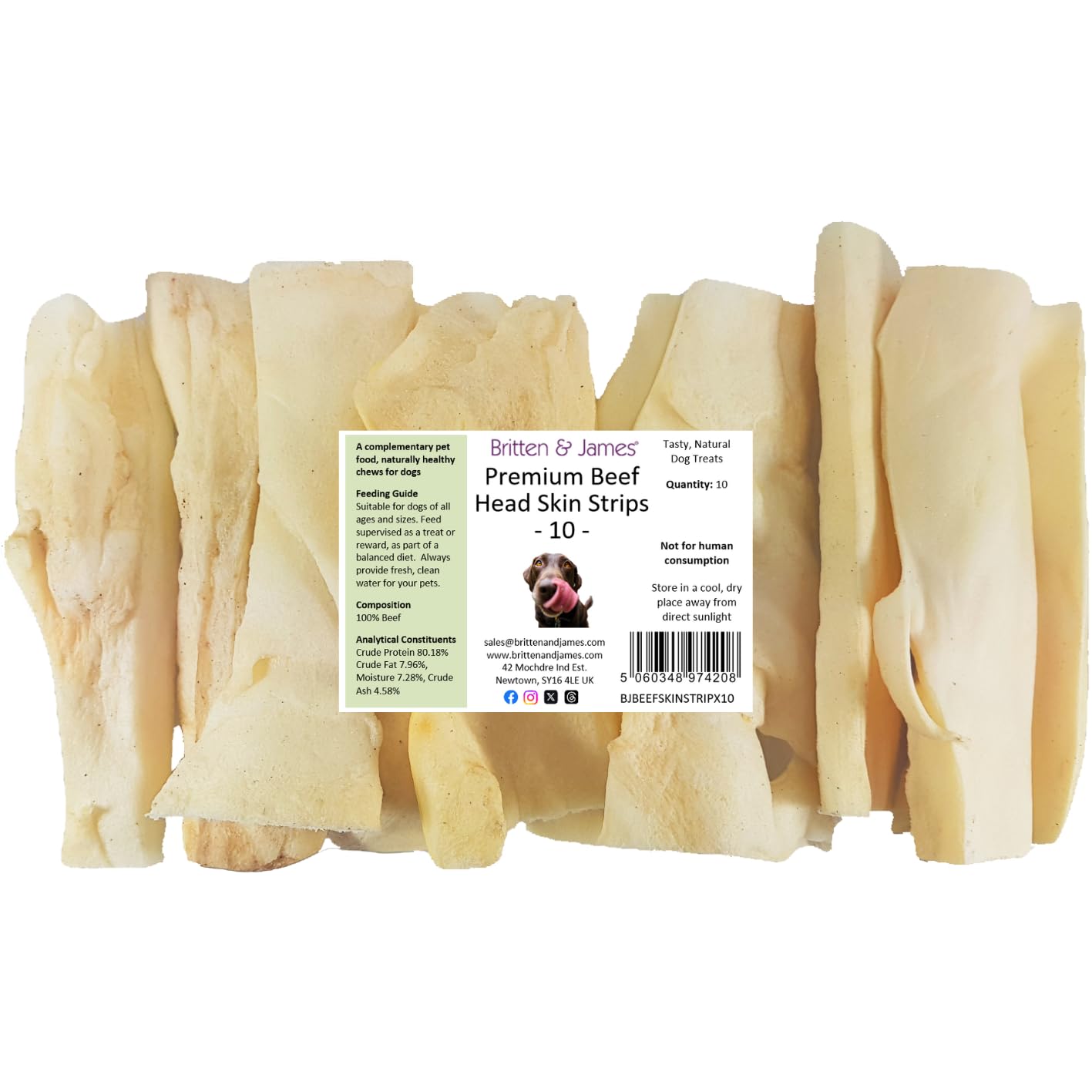 10 Premium Large Beef Head Skin Strips for Dogs by Britten and James. 100% Natural Dog Chew Treats - Grain Free & Hypoallergenic
