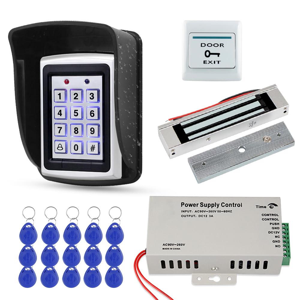 FST RFID Door Access Control System Kit Outdoor Waterproof RFID Keypad Metal Keyboard + 180KG Electric Magnetic Lock + Rainproof Cover + 15pcs 125KHz RFID Key Cards for Home/Office