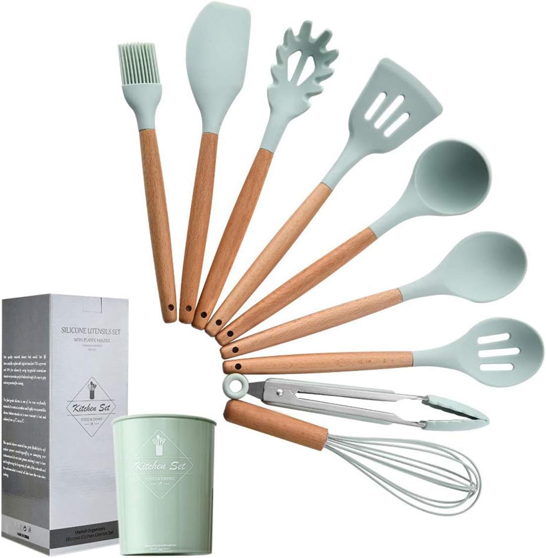 SONYANG Silicone Cooking Utensils, Kitchen Utensil Set 9-Piece Cooking Utensils & Spatulas Set with Wood Handles for Nonstick Cookware BPA Free (9-Piece with Holder)