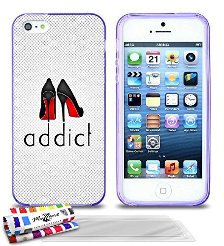 Muzzano Le Glossy-Cover morbida ultra sottile, motivo Shoes Addict, colore: viola (Confezione da 3 pellicole di protezione per lo schermo, trasparente, con penna stilo touch e panno per pulizia per iPhone 5