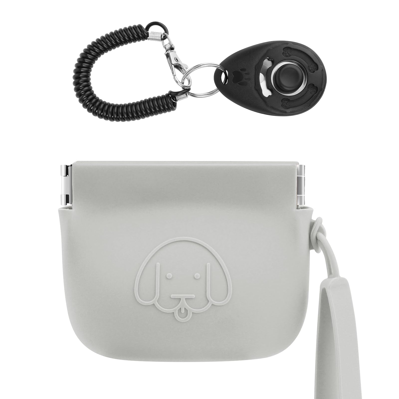 WALLFID Silicone Dog Treat Pouch Small Bag,Auto Closure,with Pet Training Clicker,Walking Bag for Dog and Cat,Pocket Size,Easy to Clean,Odorless,Travel Walking Bag (Pale grey)