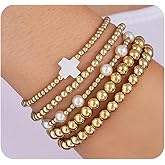 Quivox Stack Beaded Bracelets for Women,Gold Stackable Bead Stretch Bracelets Unique Pearl Cross Bracelet Set,Trendy Preppy Jewelry Accessories Gifts