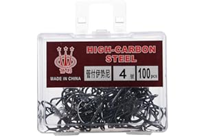 High Carbon Steel Fishing Hooks with Barb, 100 Piece Box for Lake and Marine Fishing, Size 4-12