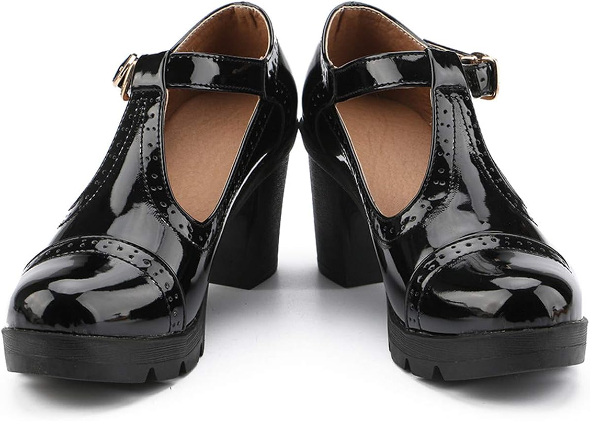  | DADAWEN Women's Classic T-Strap Platform Mid-Heel Square Toe Oxfords Dress Shoes | Pumps