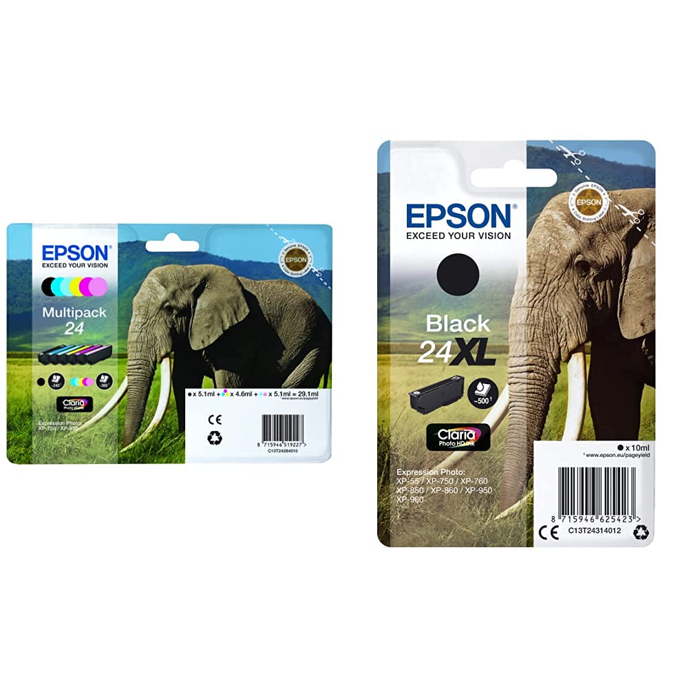Epson 24 Series Elephant Claria Photo HD Multipack Ink Cartridge & C13T24314012 24 X-Large Series Elephant Ink Cartridge, Black
