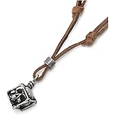 COOLSTEELANDBEYOND Mens Vintage Cube Skull Charm Pendant Necklace with Adjustable Brown Leather Cord