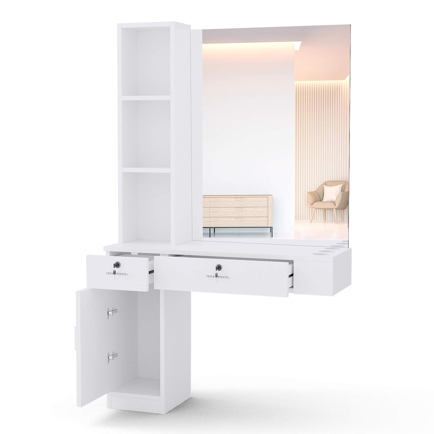 NURXIOVO Barber Station w/Mirror, Hair Tools Collector Salon Equipment Organizer Wall Mount Styling Table Beauty Facial Spa Cabinet w/Appliance Holders, Shelf, Lockable Drawers (Left Shelf): Beauty