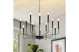 Rviezza Black Chandelier, 12-Light Farmhouse Chandeliers for Dining Room, Classic Candle Ceiling Pendant Light Fixture for Living Room, Foyer, Kitchen Island, Bedroom, Entryway