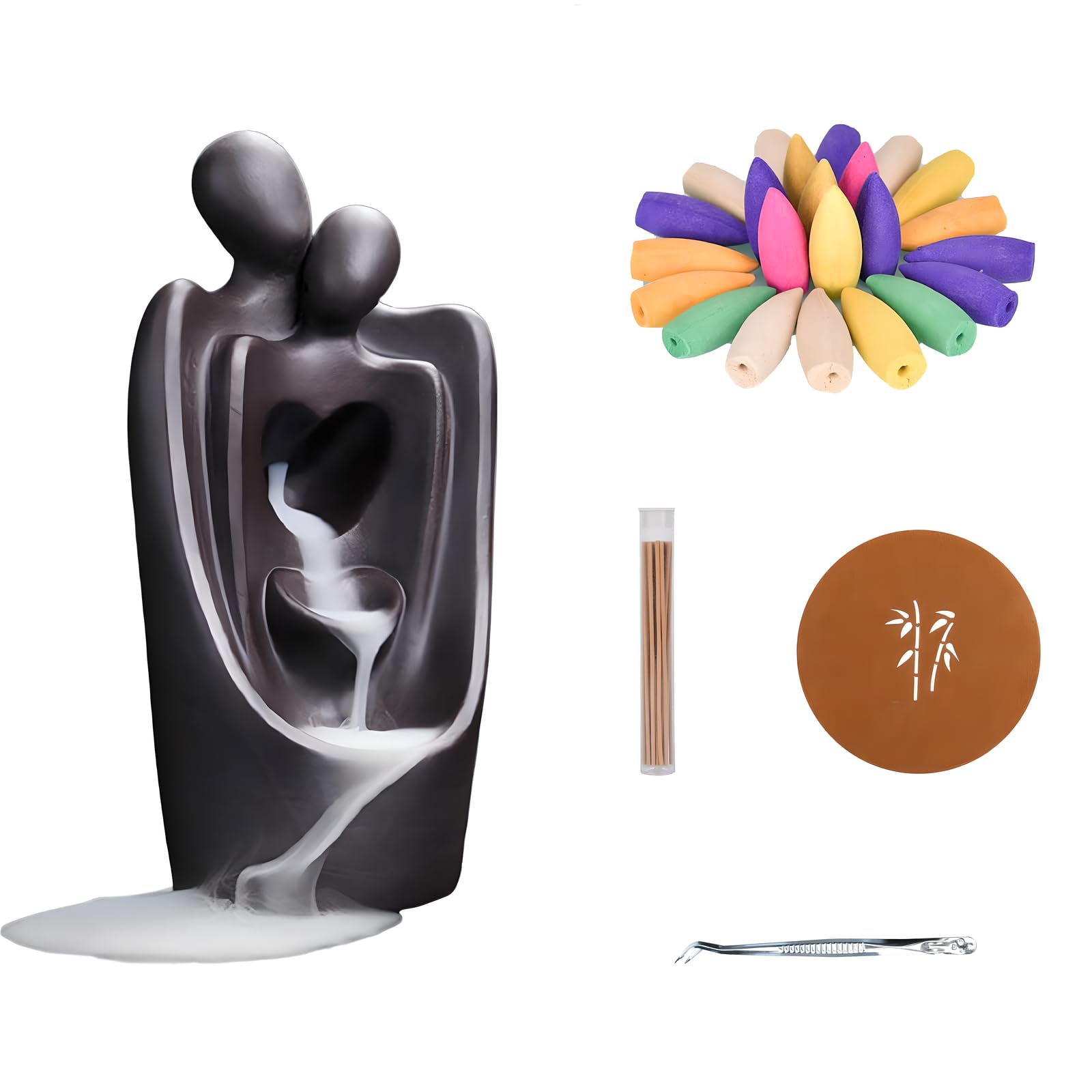 Backflow Incense Burner Holder "Snuggling Lovers" Handicraft Incense Holder Ceramic Fountain Censer + Backflow Incense Cones Incense Sticks Tweezer Mat for Aromatherapy Ornament Home Office