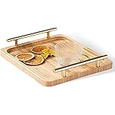12"x8" Bamboo Breakfast Serving Tray with Gold Handles, Decorative Food Tray for Tea, Coffee, Snacks, Parties & Table Use