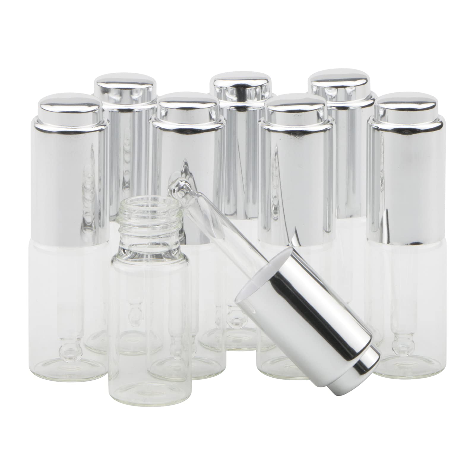 Pxyelec 10 ML Transparent Glass Dropper Bottle with Silver Pressure Pump 0.3oz Refillable Essential Oil Portable Cosmetic Container for Travel Daily Life, Pack of 8