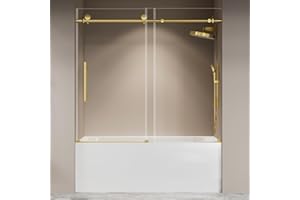 GENERIC Frameless Bathtub Shower Door 56"-60" W X 59" H,Glass Shower Doors for Tub,Sliding Bathroom Tub Glass Door with Explosion-Proof Film,5/16" (8mm) Clear Tempered Glass,Stainless Steel Frame,Sturdy,Gold
