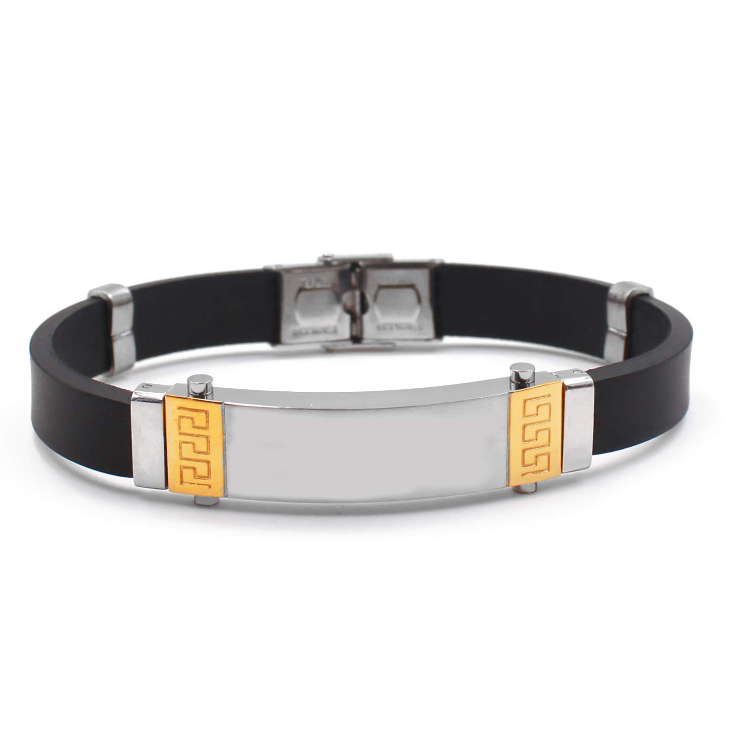 Kigu Black Silicone Bracelet with a Steel Bar Decorated with a Vertical Gold Tribal Marks