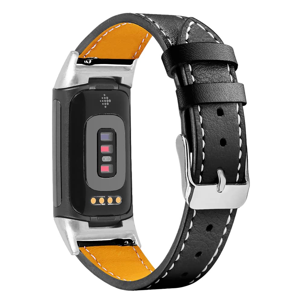 AISPORTS Leather Strap Compatible with Fitbit Charge 6/Charge 5 Strap for Women Men, Soft Breathable Leather Sport Wristband Metal Buckle Clasp Bracelet Replacement Strap for Fitbit Charge 6/Charge 5
