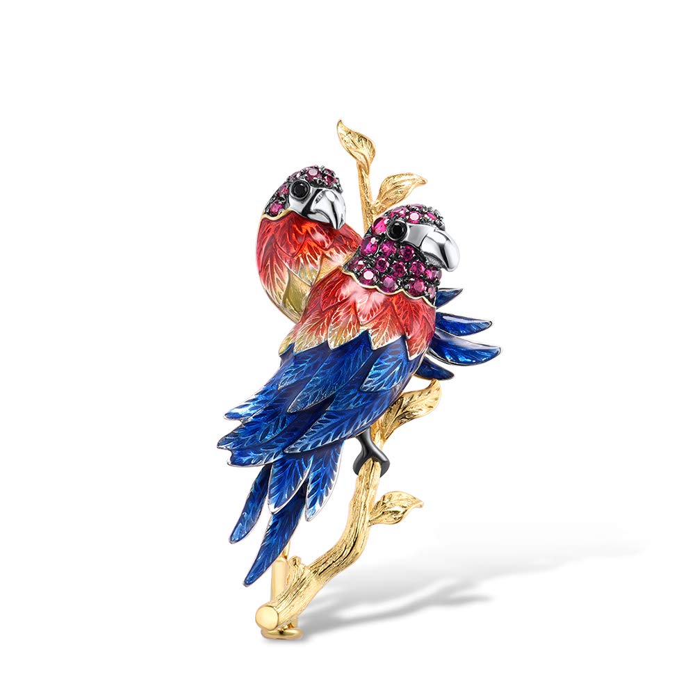 Namana 925 Sterling Silver Brooches for Women, Gold Ladies Brooches in a Parrot Couple Design with Enamel Details and Red Cubic Zirconia Stones, Gold Brooches for Ladies with Gift Box