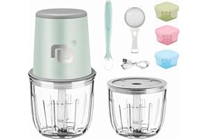 NUNET Portable Cordless Electric Baby Food Processor/Mini Food Chopper Rechargeable 0.3L/0.6L 2 Glass Containers Included for Dicing, Mincing&Pure Vegetable/Fruit/Meat w. 3 Baby Food Containers&Spoon