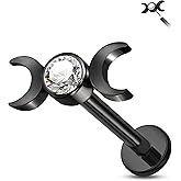 Jewseen 16G Double Moon Cartilage Earring Surgical Steel Push in Flat Back Stud Earring Cubic Zirconia Helix Tragus Conch Piercing Jewelry Black Gold Nose Lip Labret Stud for Women Men