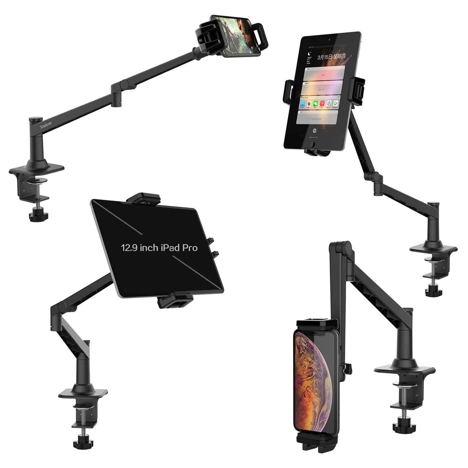 Smatree 2022 iPad Air 10.9 inch Tablet Stand Holder, 360 Degree Rotating Adjustable Stand Lazy Holder Clamp Mount Compatible for 4.7-12.9 inch iPhone 13, 2021 iPad Mini 6, iPad Pro12.9 inch - Black