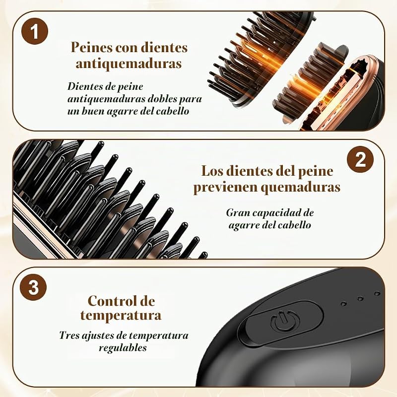Mini Planchas Sin Cable, Mini Cepillo Alisador, 3 Ajustes de Temperatura, Peine Caliente Recargable, Peine Alisador Portátil para el Trabajo, Viajes, Acampadas y Uso Doméstico (Negro) — foto 3 de 8
