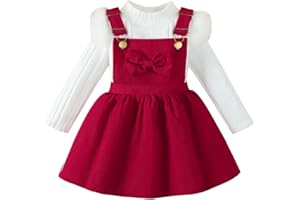 LUJENGEFA Toddler Baby Girl Clothes Long Sleeve Knit Ribbed Tops Bowknot Corduroy Suspender Skirt Dress 2 Pcs Outfits Set