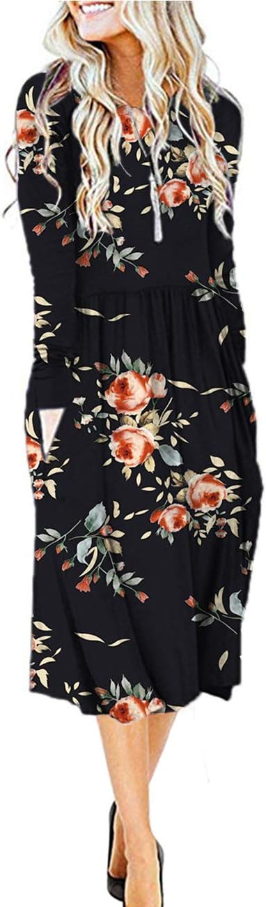 MISFAYWomen's Casual Long Sleeve Dresses Empire Waist Loose Midi Dress with Pockets