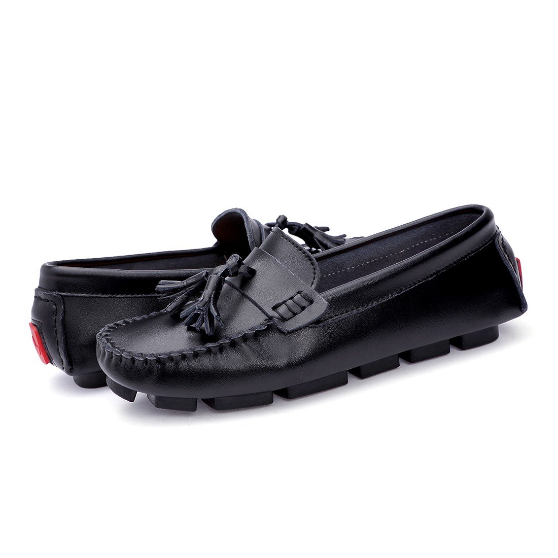 SUNROLAN Men\'s Casual Leather Slip-On Tassels Loafers Women\'s Driving Car Moccasins Outdoor Low Boat Shoes