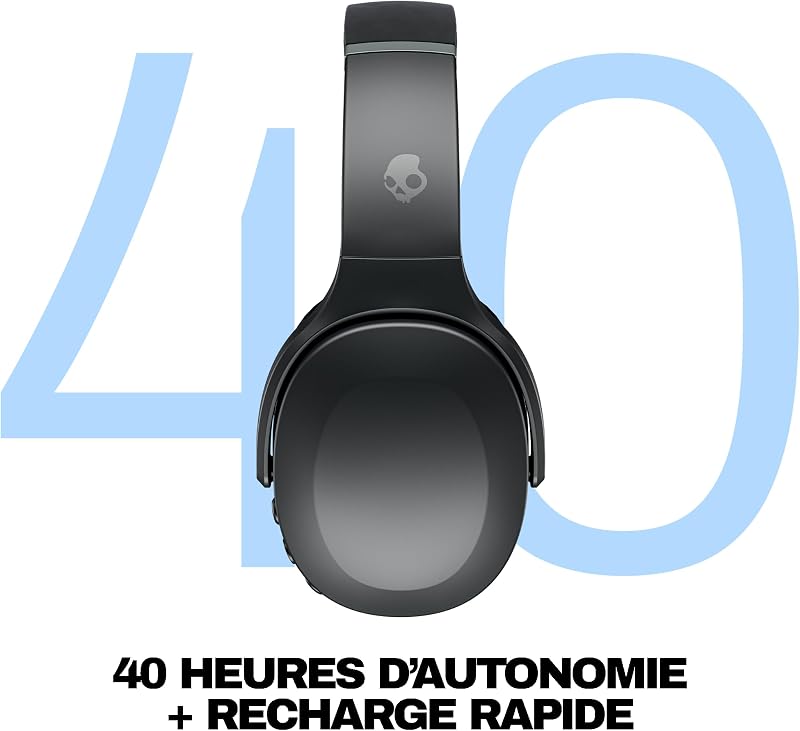 Crusher Evo Casque sans Fil Bluetooth, Câble de Recharge USB-C Supplémentaire, Basses Multisensorielles, Circum-Auriculaire, Isolation du Bruit, 40 Heures d'Autonomie - Noir