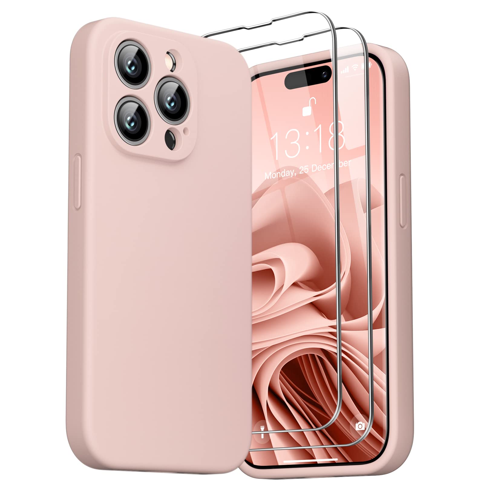 GOODVISH 3 in 1 Designed for iPhone 14 Pro Silicone Case 2022, with 2 Pack Screen Protector, Full Cover [Enhanced Camera Protection] 6.1" Soft 14pro Case[Anti-Scratch Microfiber Lining], Sand Pink — image 1