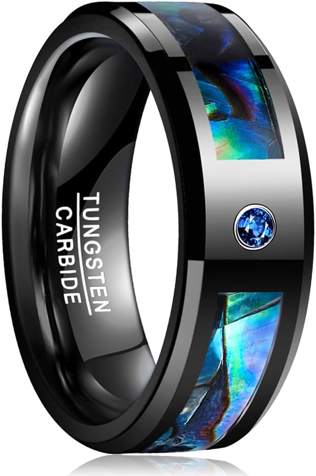 VAKKI 8mm Natural Abalone Shell and Blue CZ Inlay Black Tungsten Carbide Ring for Men and Women Comfort Fit Size N 1/2-X 1/2