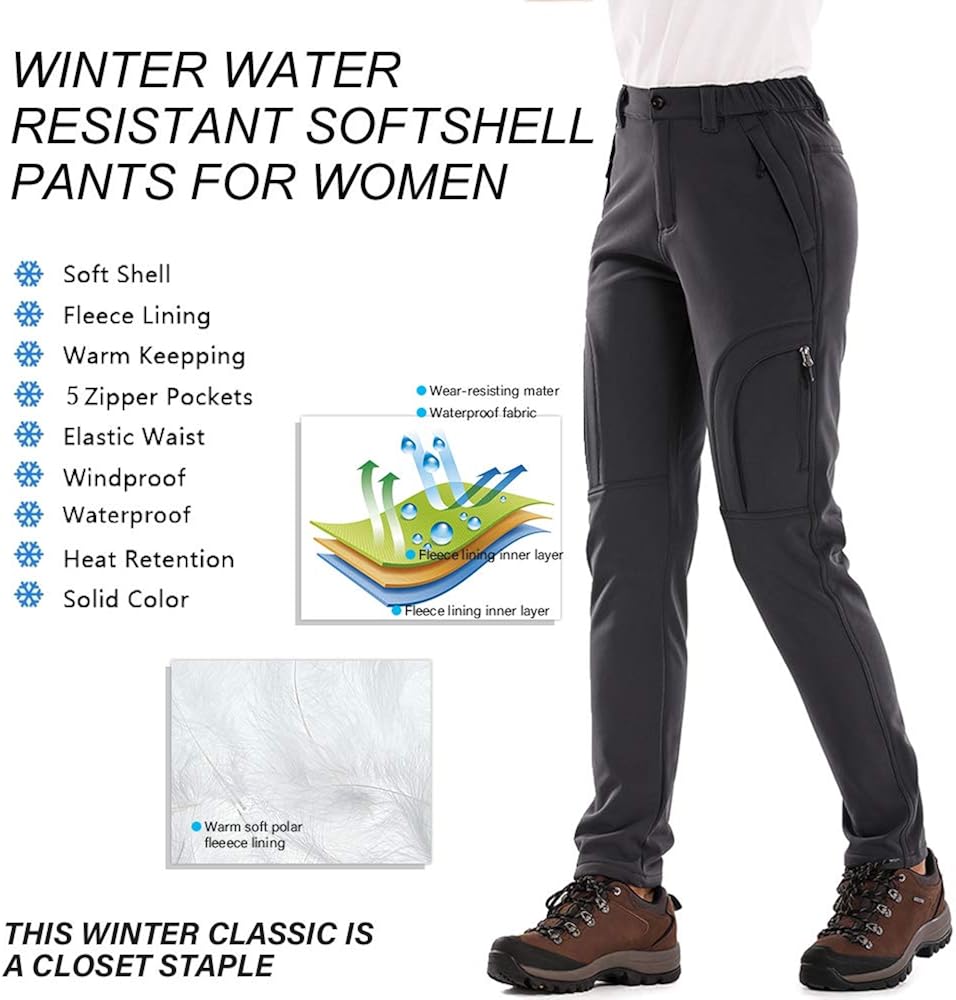 Women's Snow Fleece Soft Shell Insulated Waterproof Pants Warm Outdoor Cargo Hiking Pants: Clothing