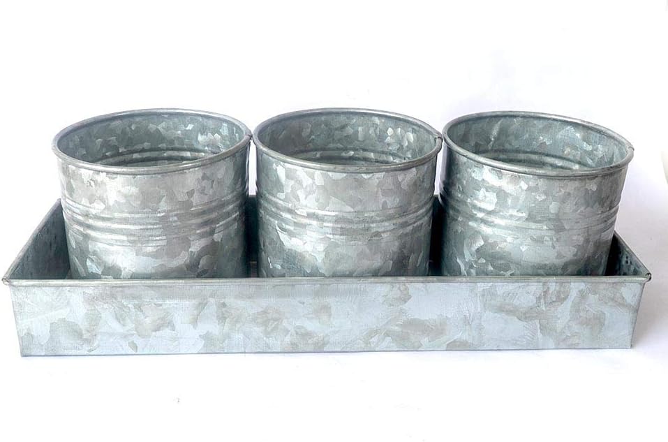 NIRMAN Rustic Galvanized Pot Set of 3 with Tray, Planter for Succulents, Herbs, Arts and Crafts, Vintage Rustic Farmhouse Décor.
