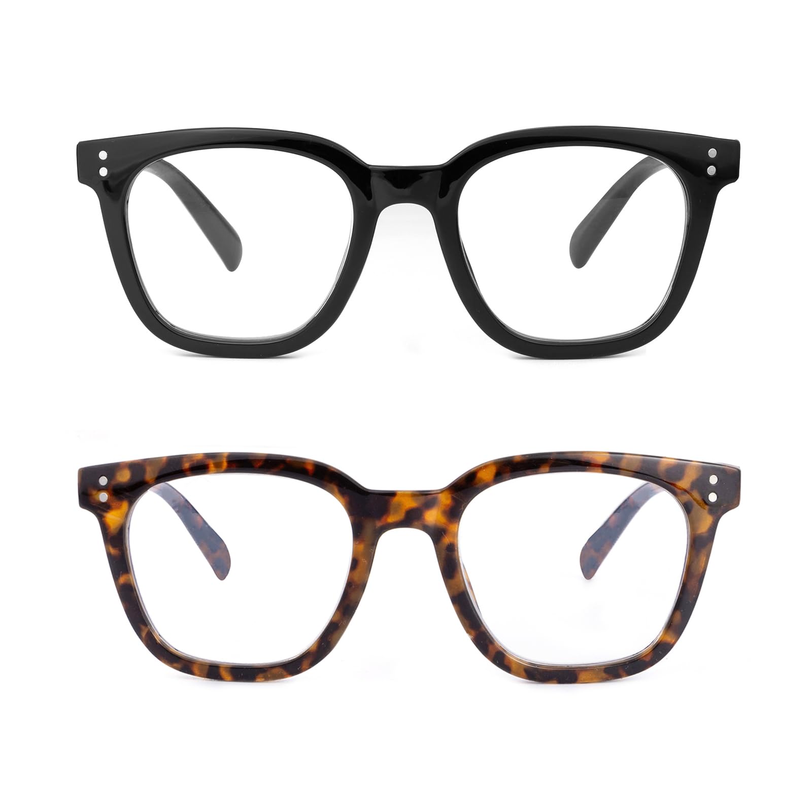 SKYWAY 2 Pack Reading Glasses Women Men, Oversized Square Blue Light Blocking Computer Readers Anti Glare/Eyestrain Spring Hinge Black/Tortoiseshell 2.0+