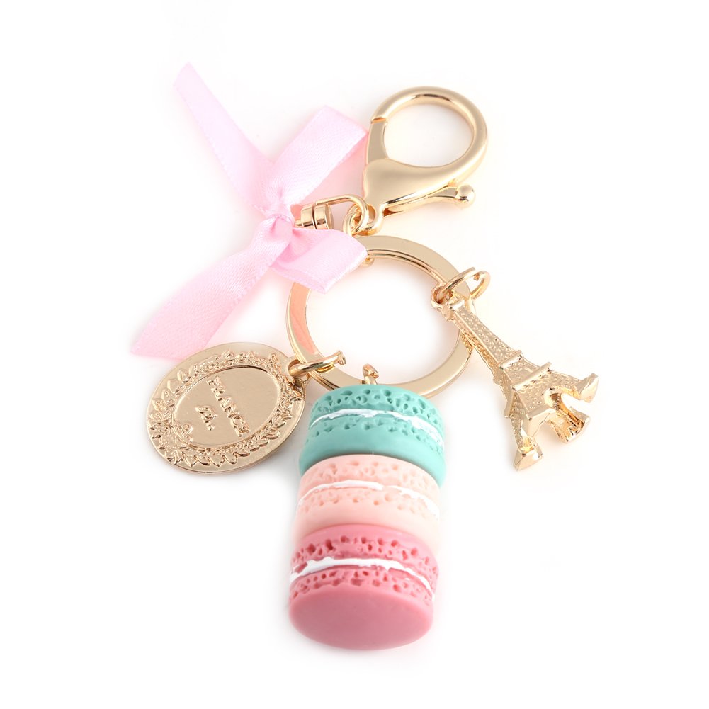 Walfront Colorful Macaroon Keychain Cute Alloy Eiffel Tower Keyring Bag Pendant Car Charm Decoration Purse Handbag Accessories Cake Shaped Key Chain for Women(Green)