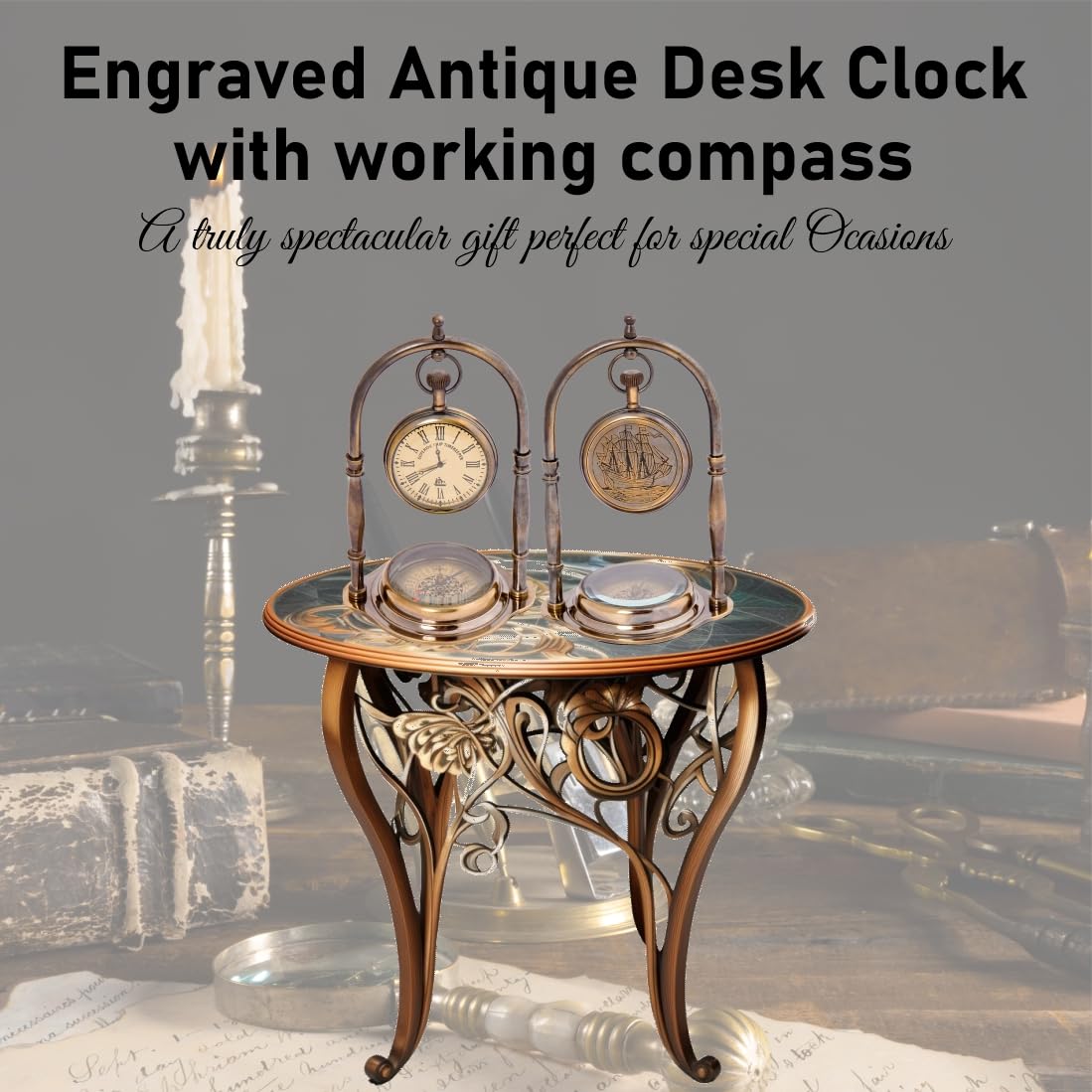 Antique Vintage Small Table Clock | Table Clock for Living Room | Vintage Nautical Design, Elegant Home or Office Décor | Desk Tables & Shelf Decor Clocks | Non Ticking Silent Shelf Clock