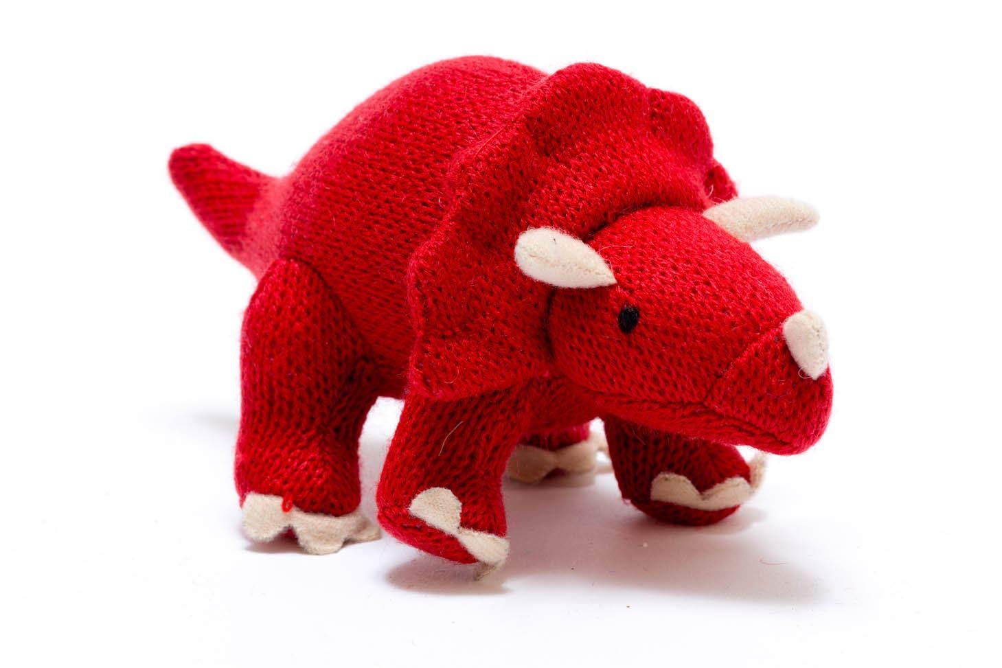 Best Years Small Knitted Red Triceratops Dinosaur Baby Rattle. Suitable from Birth