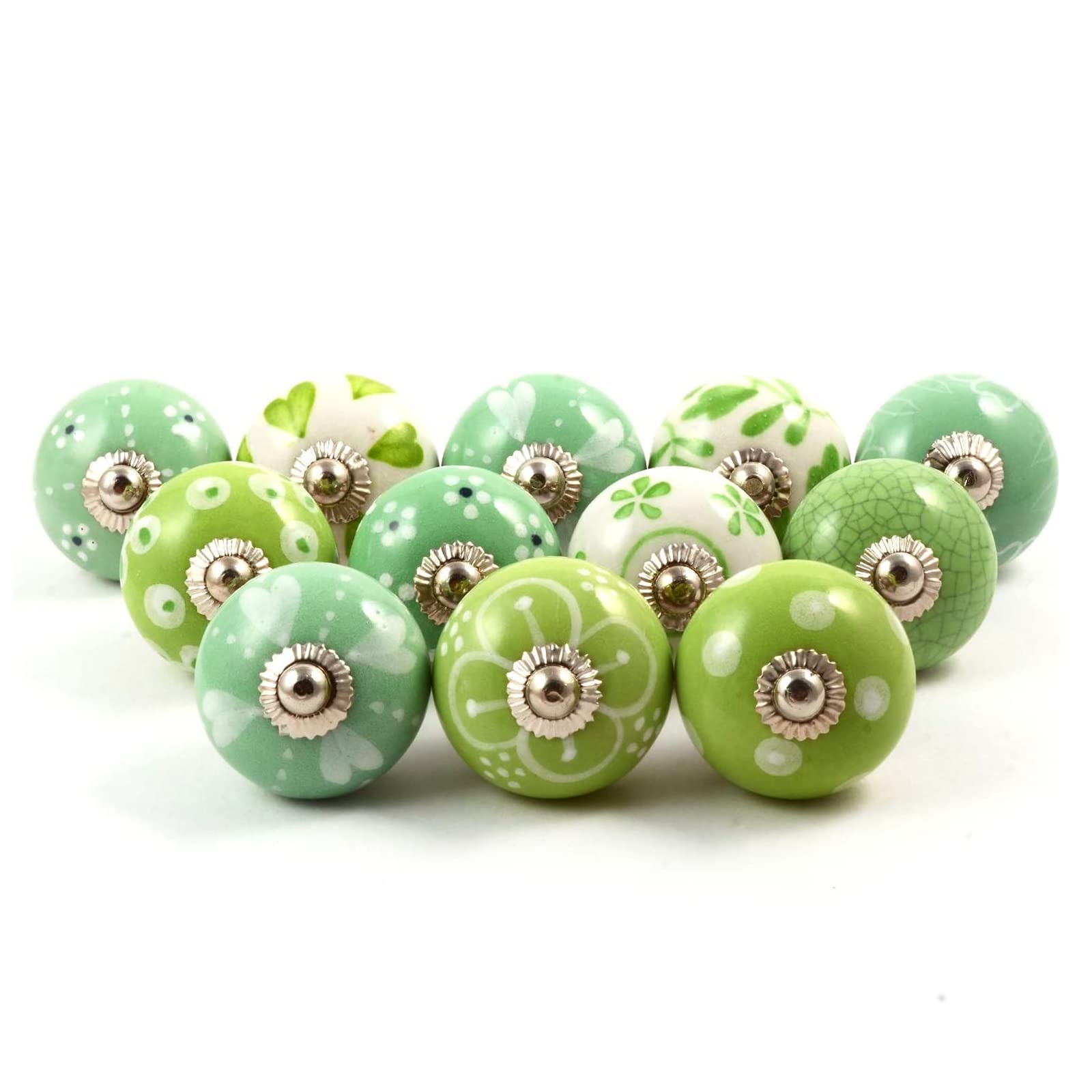 The Boho Street Ceramic Door Handles Various Ceramic Buttons, Mixed Designs, Cabinet knobs, Drawer Handles 12 Green & White