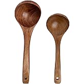 EORTA Set of 2 Wooden Spoons for Cooking 2 Sizes Deep Ladle Natural Wood Sauces Porridge Soup Flatware with Long Straight Handle Kitchen Serving Tools for Dinner Cooking Catering Gift, Large, Small