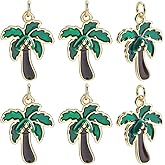 Beebeecraft 1 Box 8Pcs Coconut Tree Charms Enamel 18K Gold Plated Green Palm Tree Tropical Plant Summer Beach Charm for Jewelry Making Necklace DIY Crafts