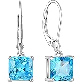 Vesitim Square Earrings Birthstone Princess Cut Leverback Earring Sterling Silver Jewelry for Women