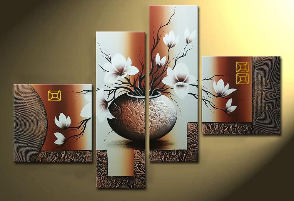 Paintings - Wieco Art -Stretched and Framed 100% Hand-painted Modern Canvas Wall Art Stretched and Framed Elegant Flowers for Home Decoration Floral Oil Paintings on Canvas 4pcs/set