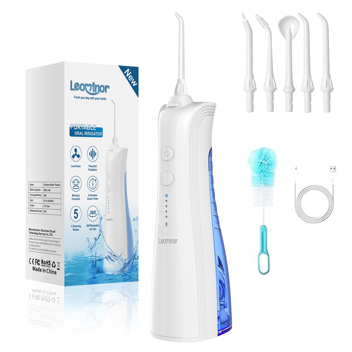 Photo 1 of Leominor Water Dental Flosser - 5 Modes Cordless Portable Oral Irrigator, IPX7 Waterproof, Rechargeable Teeth Cleaner Upgrade Datchable Tank Professional Flossing Cleaning Pick for Home Travel (White)