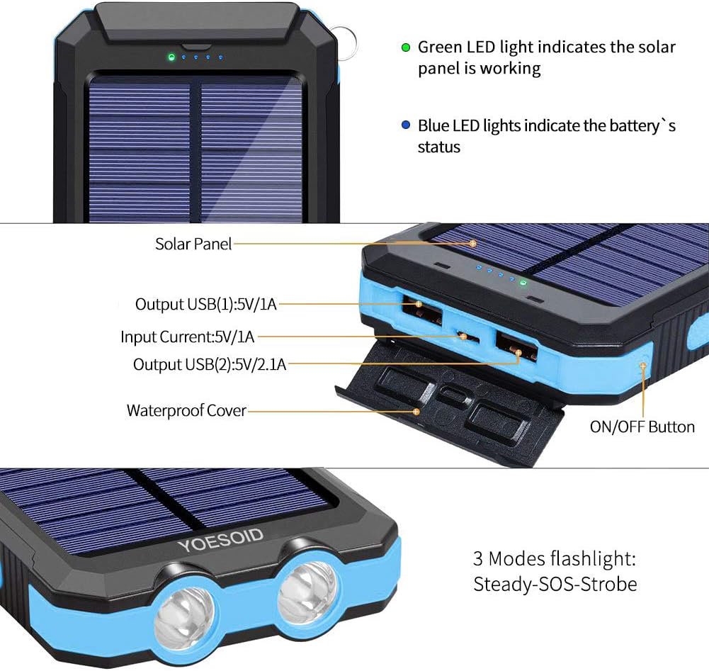 Solar Charger 20000mAh YOESOID Portable Outdoor Waterproof Solar Power Bank Camping External Battery Packs with Dual USB Output 2 Led Light Flashlight Compatible Most Smart Phones and Tablets: Home Audio & Theater