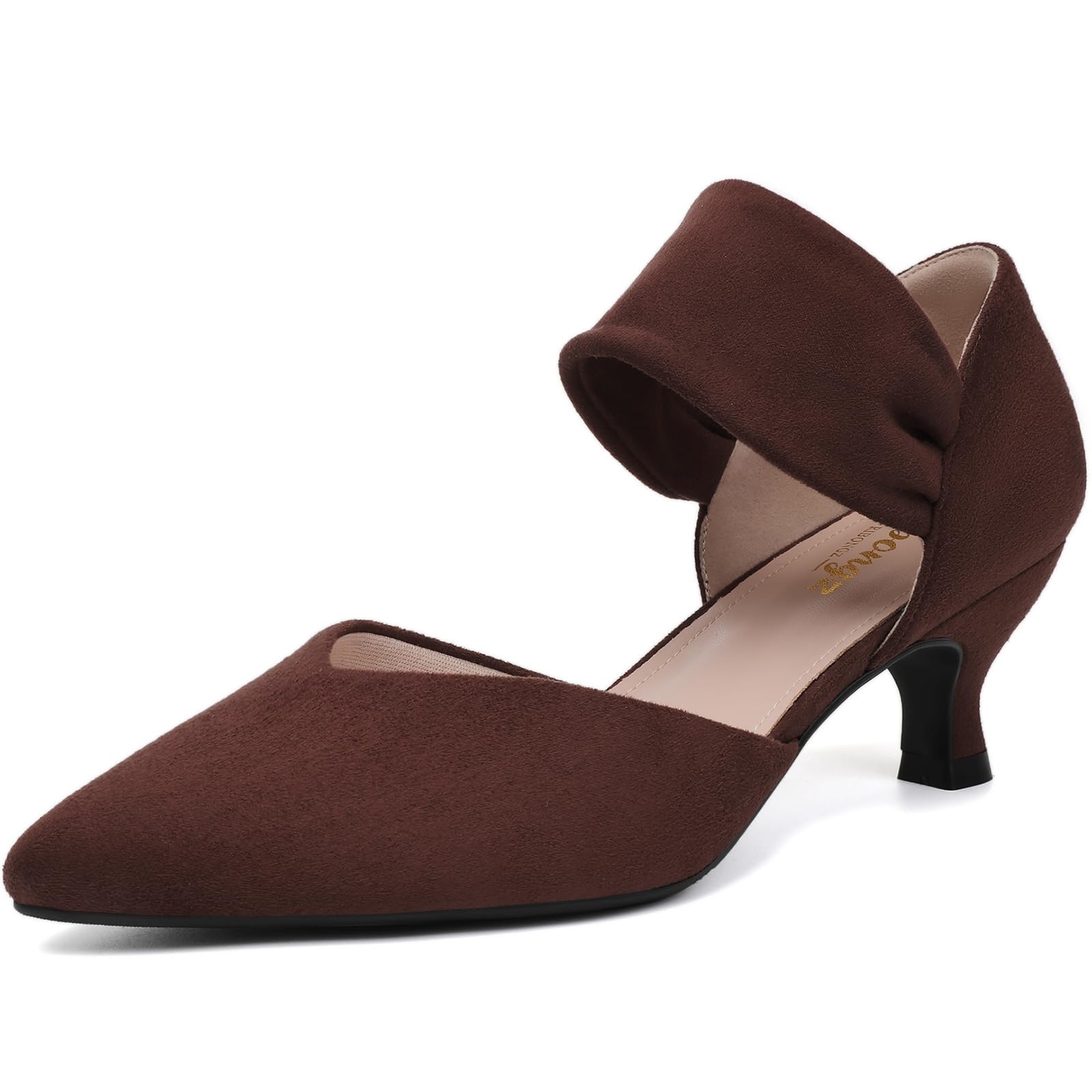 RIBONGZ Brown Comfortable Kitten Heels Suede Prom Low Heels for Women Closed Pointed Toe Sexy Slip on Pumps Church Wedding Bridal Party Dressy Shoes 9 Image